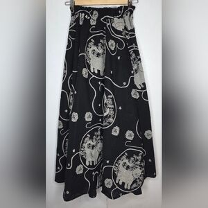 Japanese Styled Maxi Black Cotton Skirt With Cat Print, one size
